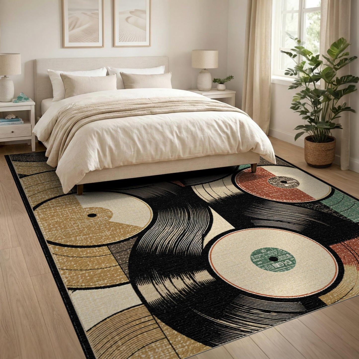 ODIKA 8'x10' Washable Area Rug - Vinyl Record Retro Music Brown Non-Slip Foldable Large Carpet for Living Room, Dining Room, King Size Bedroom, Flatwoven | Ref: 147071