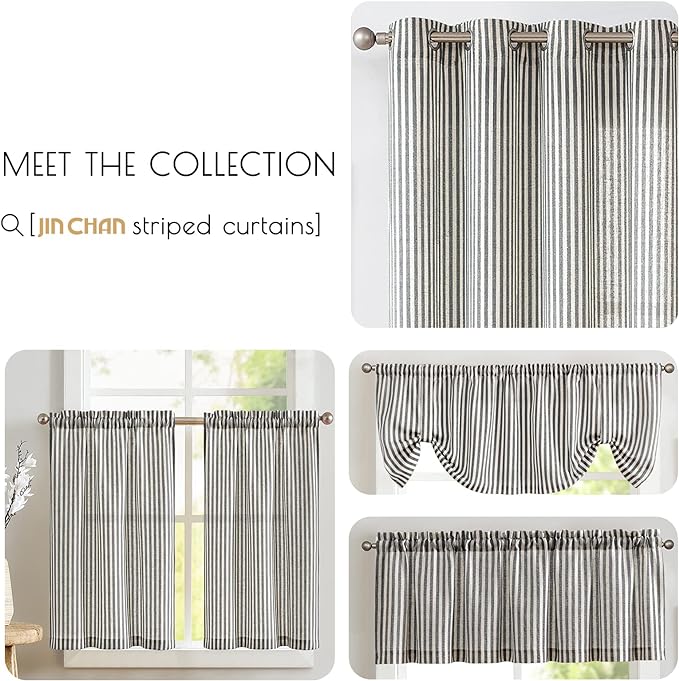 JINCHAN Tab Top Linen Kitchen Curtains 36 Inch Striped Tier Curtains Farmhouse Modern Cafe Style Small Window Treatments Airy Light Filtering Rod Pocket for Living Room Bathroom 2 Panels Charcoal Grey