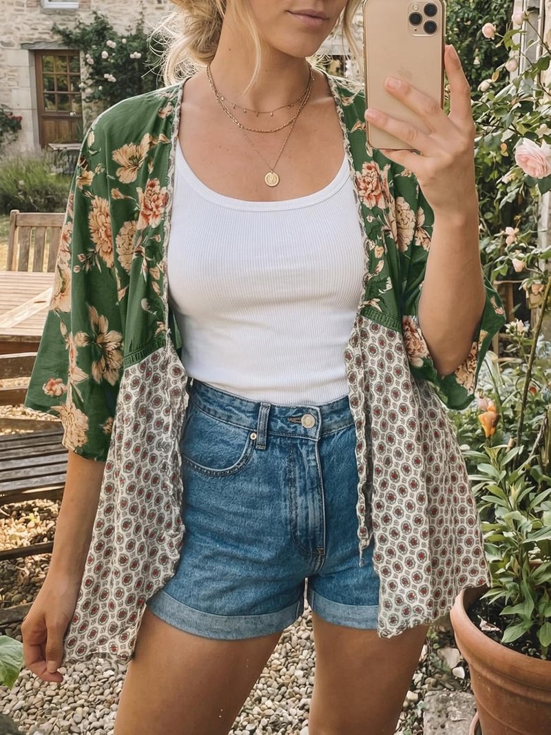Women's Floral Tie Front Kimono Cardigan - Lightweight Ruffle 3/4 Sleeve Boho Beach Cover Up