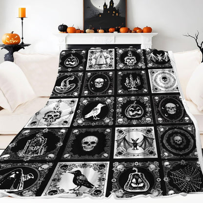 Halloween Throw Blanket, Gothic Black Pumpkin Bat Ghost Skull Webs Witch's Hat Checkered Horror Blankets, Warm Soft Spooky Nights Blanket for Home Living Room Sofa Couch Bed,50X60IN