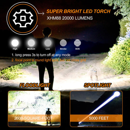 Relybo Torches LED Super Bright Rechargeable, Flashlight 500000 Lumens XHM88 Torches Battery Powered, Led Torch Rechargeable, Powerful Torch Flash Light for Dog Walking Hiking Camping Emergency Gift