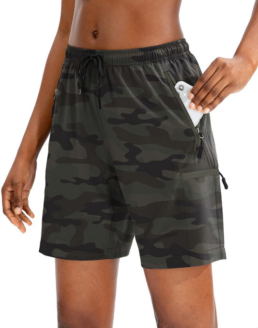 SANTINY Women's 5''/ 7''/9'' Hiking Cargo Shorts Quick Dry Lightweight Summer Shorts for Women Athletic Golf Zipper Pockets(Green Camo_M)