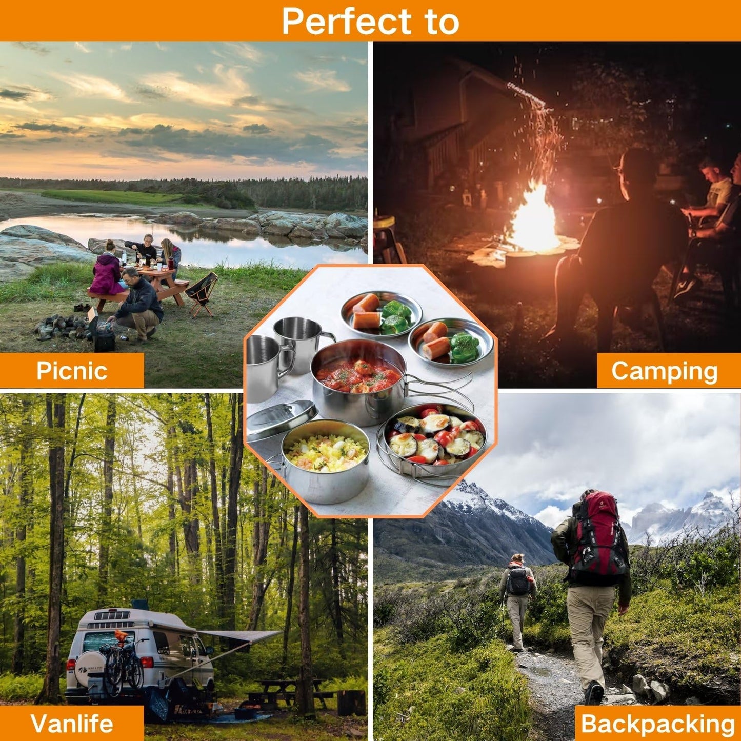 BeGrit Backpacking Camping Cookware Mini Picnic Camping Cooking Mess Kit with Pot and Pan Set for Hiking 8pcs Set