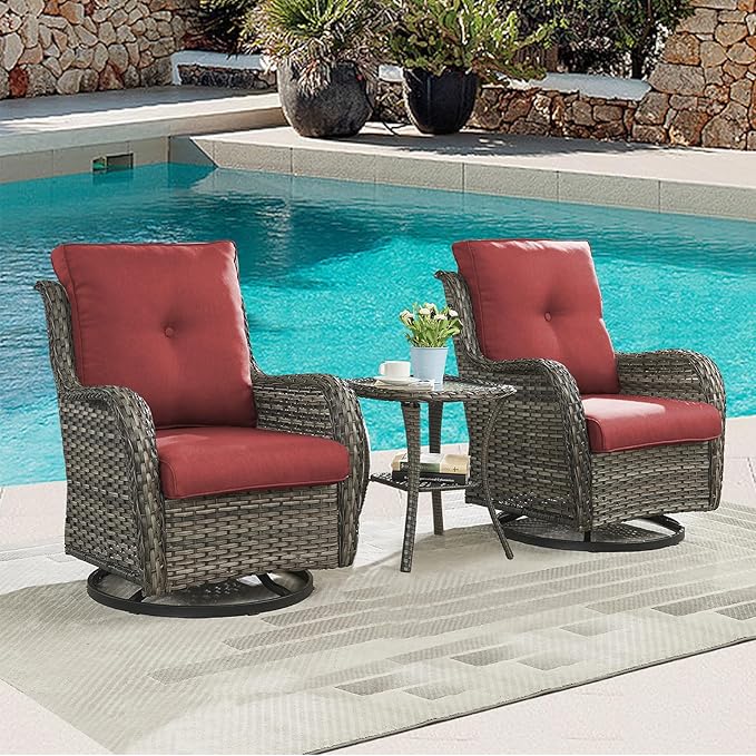 Rilyson Patio Chairs Wicker Outdoor Chair - 6 Piece Rattan Swivel Rocking Chairs Set Patio Glider Rocker Chairs with Glass Top Side Table for Porch Deck Garden Backyard(Mixed Grey/Red)