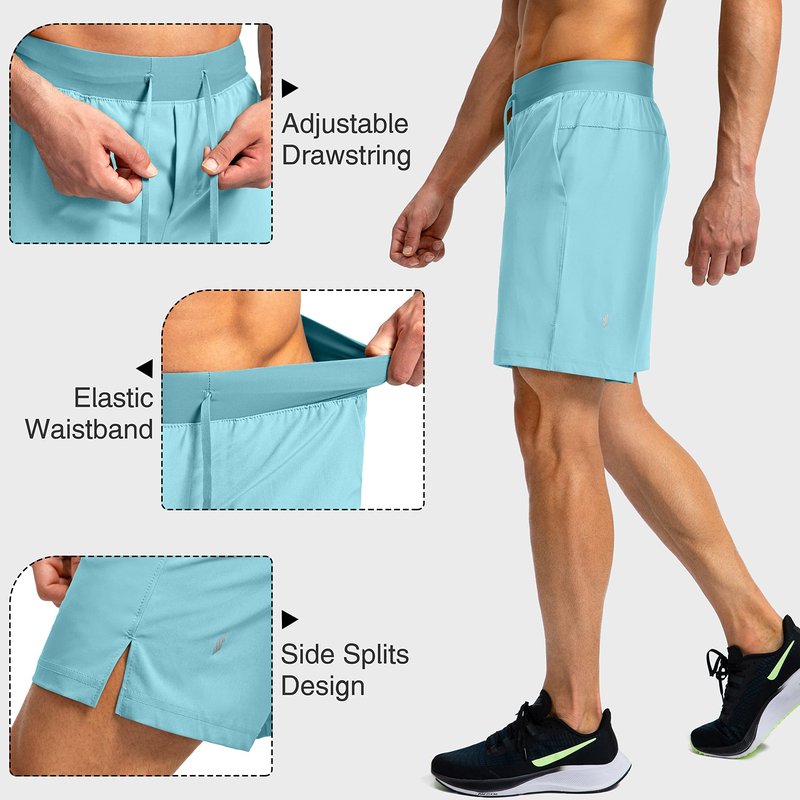 Soothfeel Men's Running Shorts with Zipper Pockets 7 Inch Lightweight Quick Dry Gym Athletic Workout Shorts for Men (Light Blue, XL)