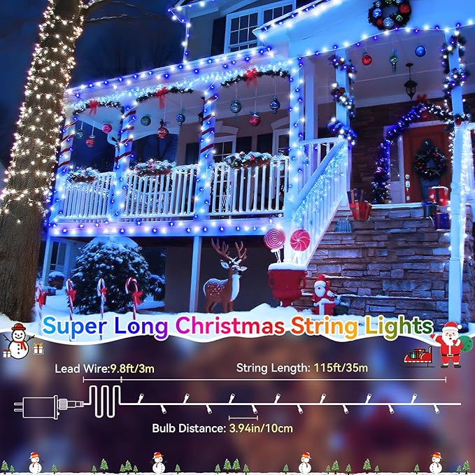 Heceltt Christmas Lights Outdoor, 125FT 350 LED String Lights 8 Modes and Timer Memory Function Twinkle Fairy Lights Waterproof Plug in for Xmas Tree Wedding Party Holiday Decor(Blue and White)