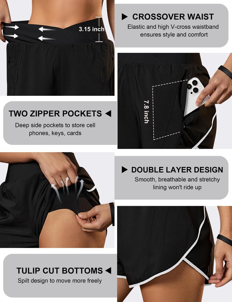 Blooming Jelly Women's Workout Shorts Athletic Running Casual Summer Quick Dry Gym Active Shorts with Zipper Pocket (Black and White,Large)