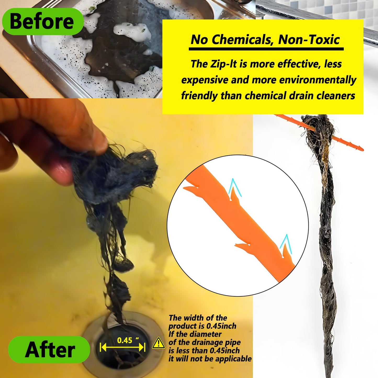 Beatifoyo Drain Snake, Drain Clog Remover,Hair snake Tool Opener, sink snake for Sewer Kitchen Sink Bathroom Tub Toilet Clogged Drains Relief Cleaning Tool(1pc 25 Inch +1pc 20inch)