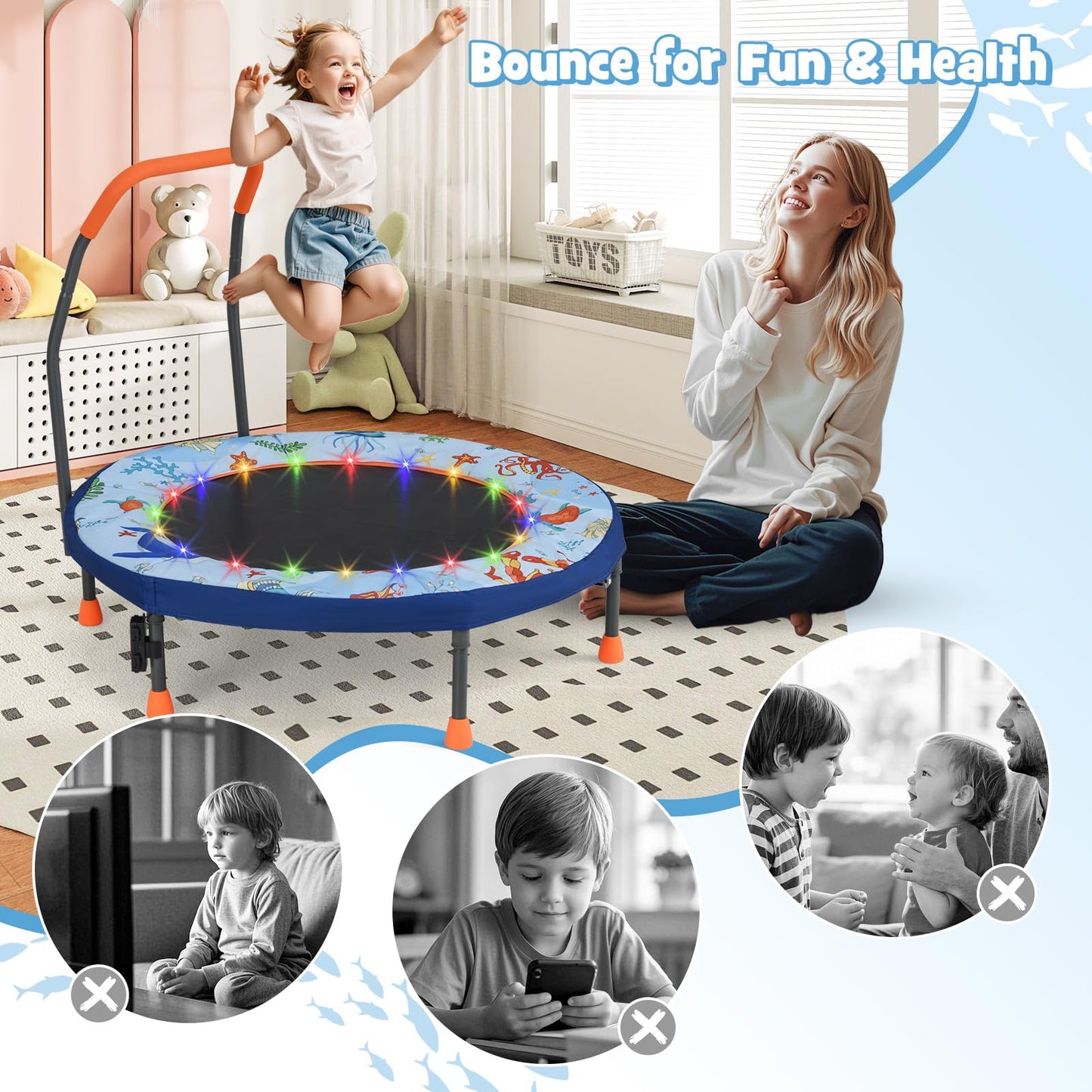 GYMAX 36” Toddler Trampoline with Lights, Folding Springless ASTM Approved Small Kids Rebounder with Foam Handle, Safety Padded Cover & Foldable Legs, Mini Indoor Baby Trampolines