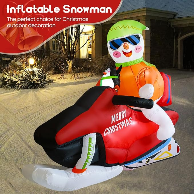 7FT Christmas Inflatable Snowman Motorcycle Decoration, Multi-color, LED Light, Weather Resistant