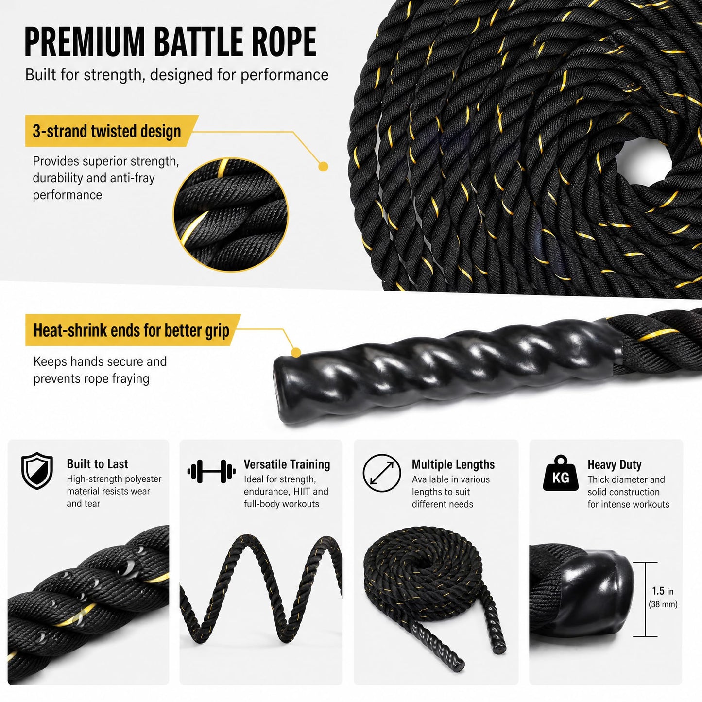 Fitvids Battle Rope 1.5Inch 2 Inch Diameter Poly Dacron 30 FT – 40 FT – 1.5-Inch, 50FT – Black