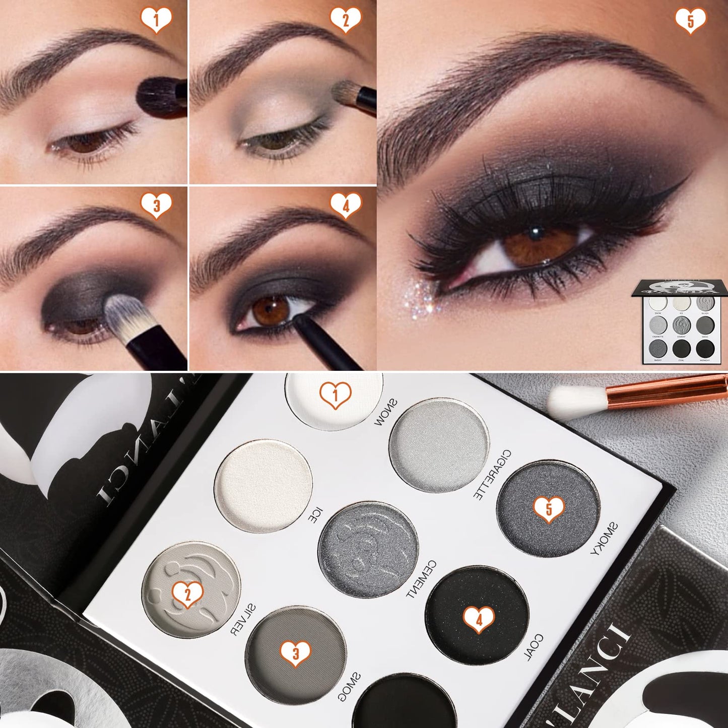 ecofavor Black Smoky Eye shadow Palette, DE’LANCI PANDA 9 Colors True Black Dark Grey Smokey Goth Makeup Pallet, 9 Soft Matte Shimmer High Pigmented Basic Black White Gray Shade for Halloween