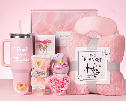 Birthday Gifts for Women Self Care Get Well Soon Gift Baskets, Relaxing Spa Gift Set for Christmas W/Flannel Blanket & 40 OZ Tumbler for Mom Wife Grandma Her Sister Girlfriend, Valentines Mother's Day