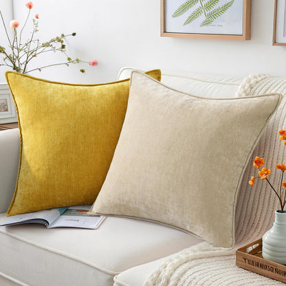 decorUhome Christmas Couch Throw Pillow Covers 18x18 Set of 2, Decorative Soft Euro Velvet Neutral Chenille Pillow Covers with Elegant Design for Sofa Bed Living Room Home Decor, Beige