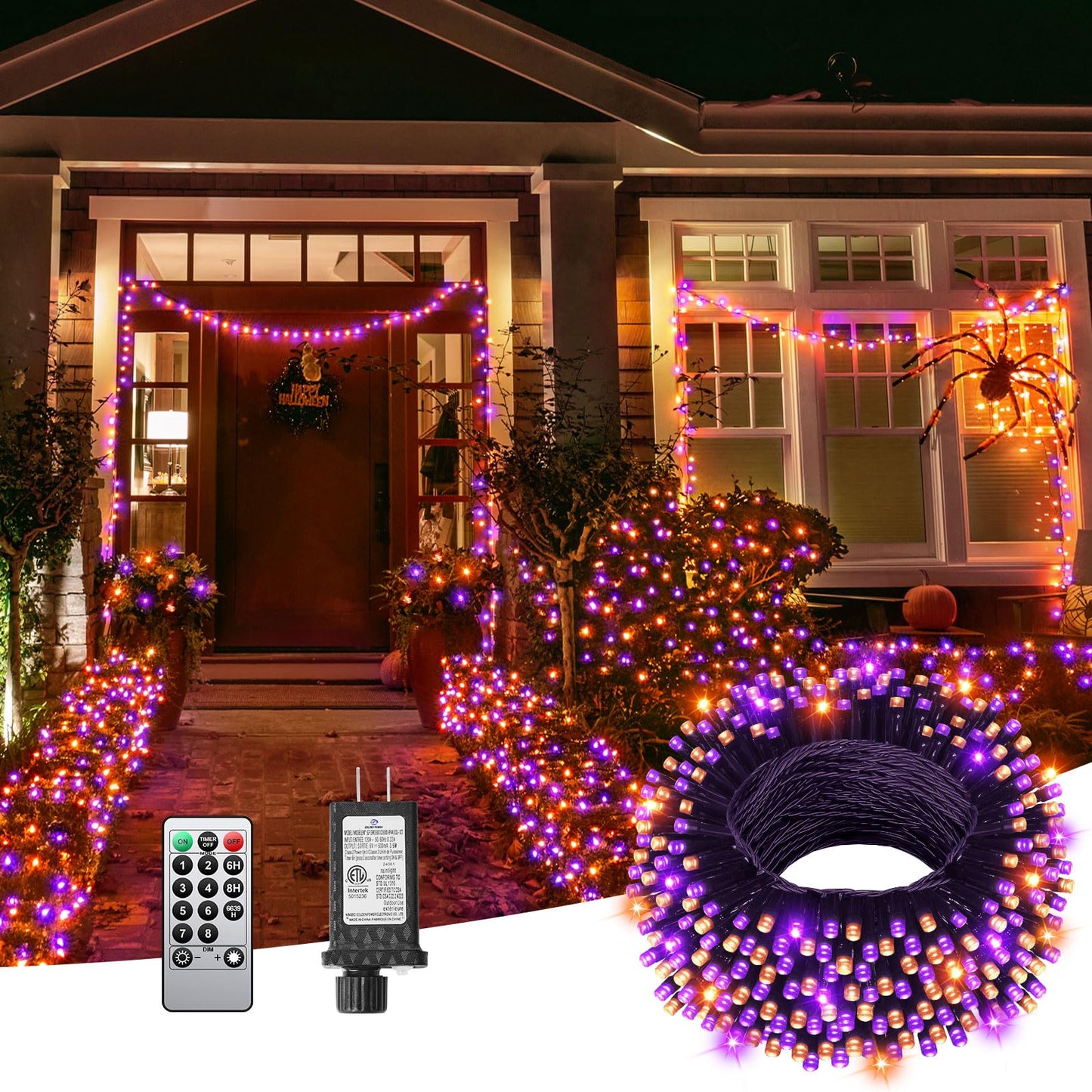 JIXXULVU 125 FT 380 LED Halloween String Lights, Outdoor Waterproof Black Wire with 8 Modes, Timer & Memory, Plug-in Halloween String Lights for Indoor Yard Tree Decorations, Purple & Orange