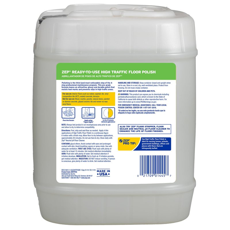 Zep High Traffic Floor Polish - 5 Gal (1 Pail) ZUHTFF5G - Scuff and Slip Resistant Durable Floor Finishing Polish for Vinyl (VCT), Sealed Concrete, Rubber, Tile, and Terrazzo Floors