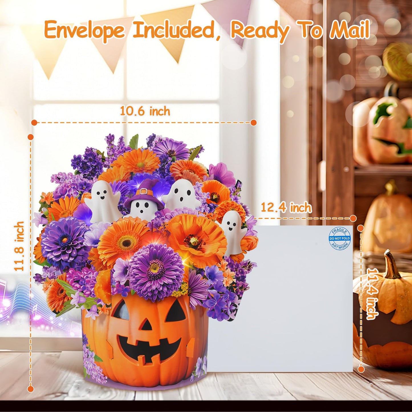 MZD8391 Halloween Cards with Music & Lights, Pop Up Halloween Decorations, Ghost & Dasiy, 10 Inch Life Sized Forever Flower Bouquet Gifts for Wife Mom Grandma Women Daughter