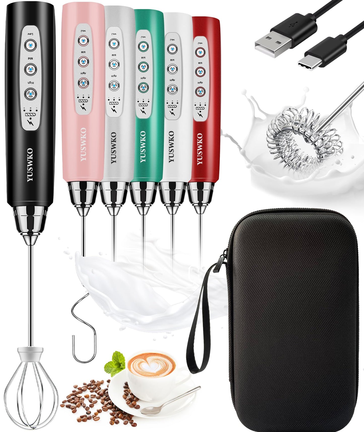 YUSWKO Black Handheld Milk Frother Wand for Coffee, Rechargeable Electric Whisk with 3 Heads 3 Speeds Drink Mixer Coffee Frother For Latte, Cappuccino, Hot Chocolate, Egg