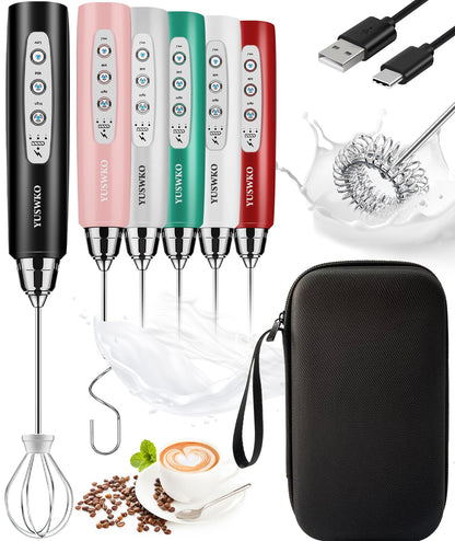YUSWKO Black Handheld Milk Frother Wand for Coffee, Rechargeable Electric Whisk with 3 Heads 3 Speeds Drink Mixer Coffee Frother For Latte, Cappuccino, Hot Chocolate, Egg