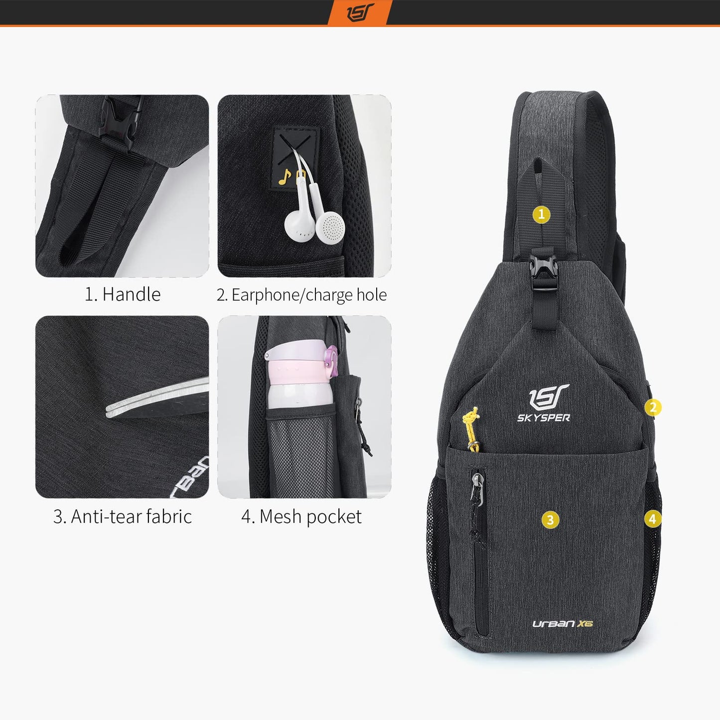 SKYSPER Sling Bag Crossbody Backpack - Chest Shoulder Cross Body Bag Travel Hiking Casual Daypack for Women Men