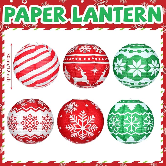 Bencailor 12 Pcs Christmas Hanging Paper Lanterns Set Decorative Christmas Party Lanterns Round Hanging Lamps for Xmas Home Decoration Supplies Props Graduation Holiday Decor(Noble, 12 Inch)