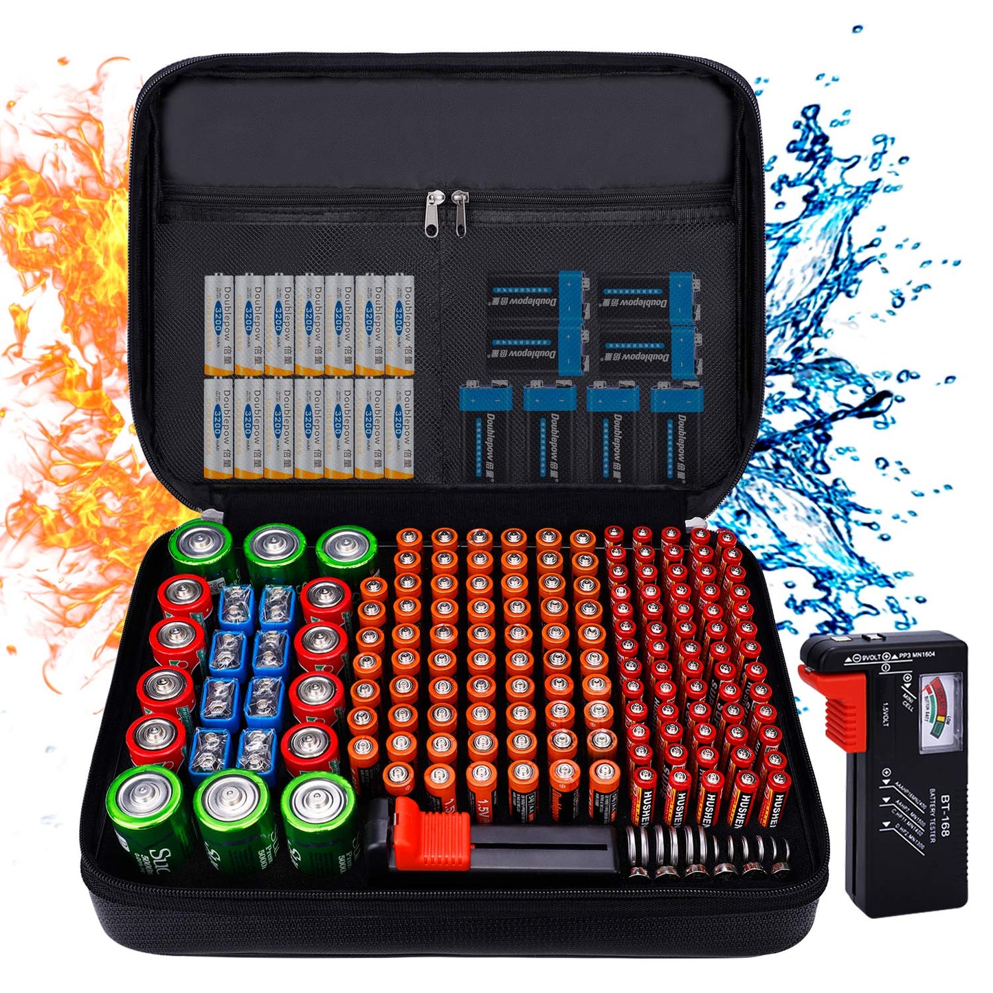 Fireproof Battery Organizer Storage Case Waterproof & Explosionproof, Safe Bag Fits 210+ Batteries Case - with Tester BT-168, Carrying Container Bag Energy Batteries AA AAA C D 9V Lithium 3V Holder