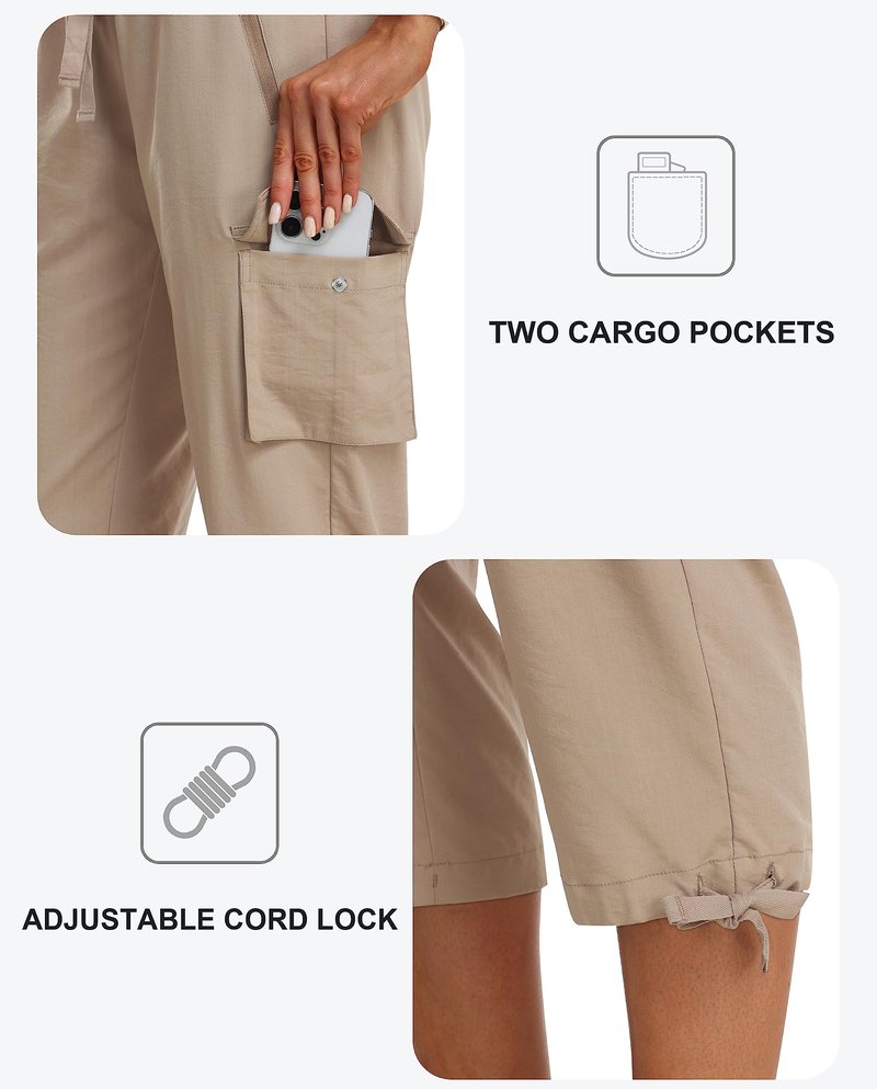 MoFiz Womens Capris with Pockets Loose Fit Casual Capri Pants Lightweight Ladies Cargo Pants for Hiking Khaki M