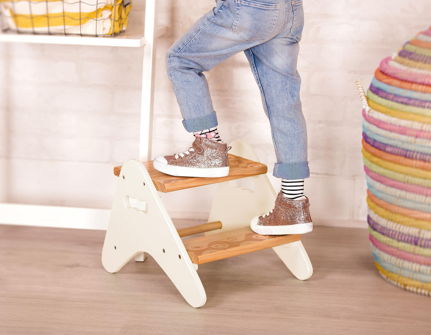 B. toys – Step Stool for Kids – Ivory & Wood Stepping Stool – Furniture for Toddlers – Peek – A – Boost – 2+ Years