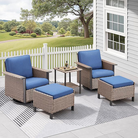 5 Pieces Outdoor Patio Furniture Set-High Back Wicker Patio Swivel Glider Chairs with 2 Multifunctional Ottoman and Glass Side Table, Outdoor Patio Conversation Sets for Porch Deck Brown/Blue