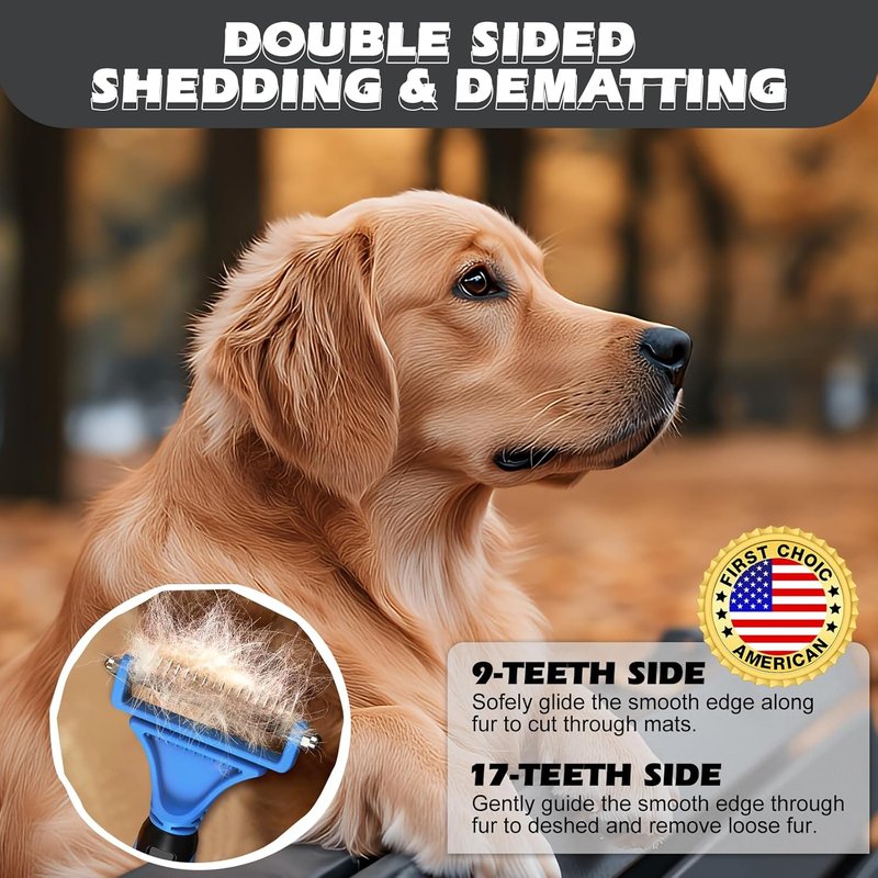 Pet Grooming Rake Set - Double-Sided Dematting Tool & Metal Comb for Cats and Dogs | Extra-Wide Deshedding Brush (Blue)