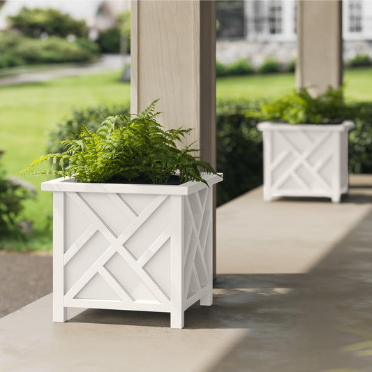 Lattice Design Outdoor Planter Box 2-Pack - 15.5” Square 16.5” Tall White Decorative Plant Pots for Front Porch Decor - Flower Pots Outdoor Planters for Porch Patio or Garden Decor by Pure Garden