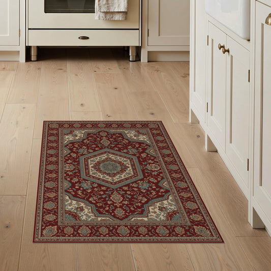 ODIKA 3'x5' Washable Area Rug Bedside Classical Way Displaying Symmetrical Decorative Vintage for Entryway, Kitchen, Mudroom, Stain Resistant Flatwoven