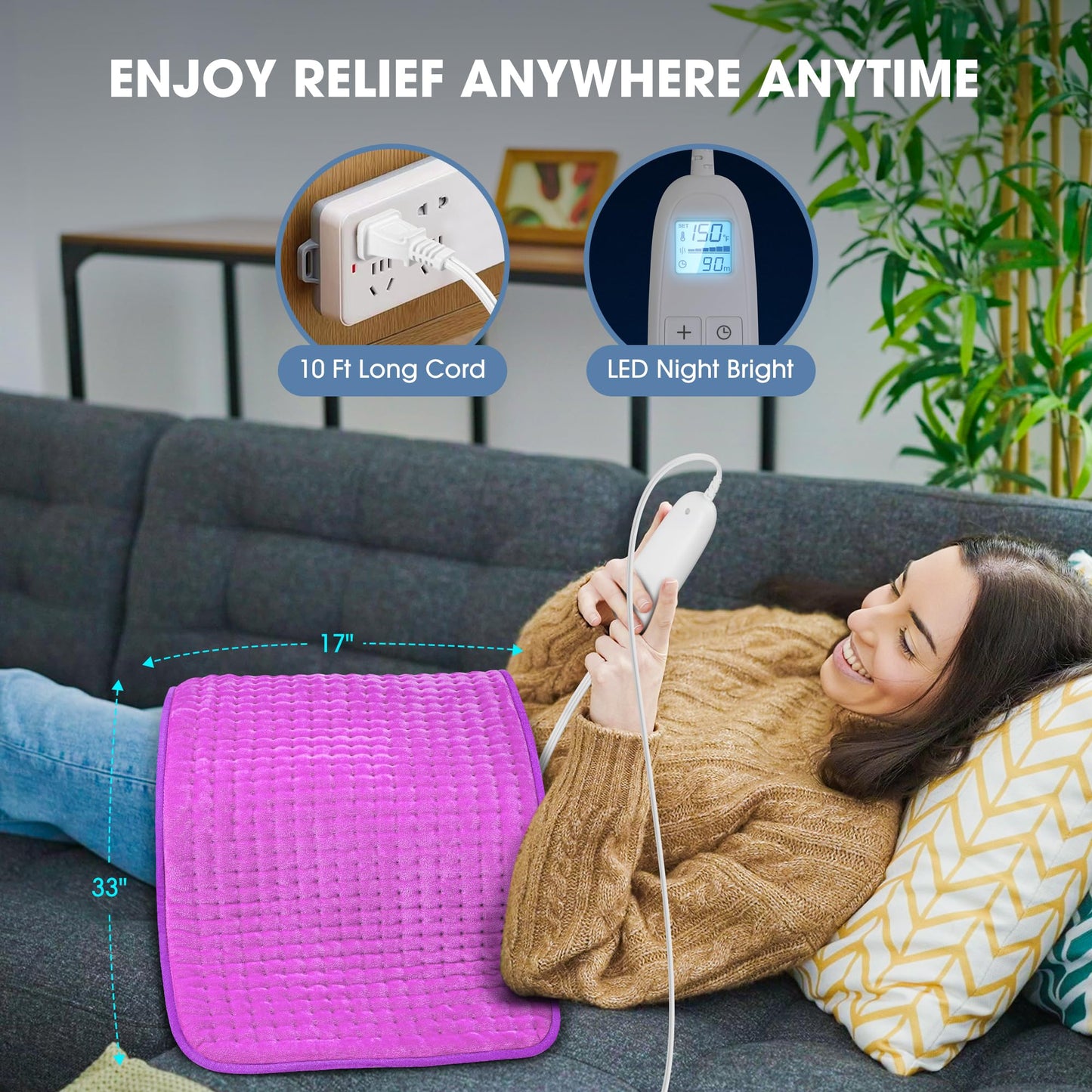 FluffyWarmth Electric Heating Pad for Back, Extra Large 17''x 33'' XXXL for Full Body,Menstrual Period Cramps,Neck Shoulder Back Pain Relief, 6 Heat Settings 3 Timers Heating Pad, Gifts for Women Men