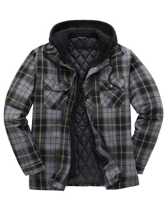 ThCreasa Flannel Hooded Shacket Jackets for Men Quilted Lined Buffalo Plaid Flannel Coat Thick Flannel Shirt Jacket Grey M