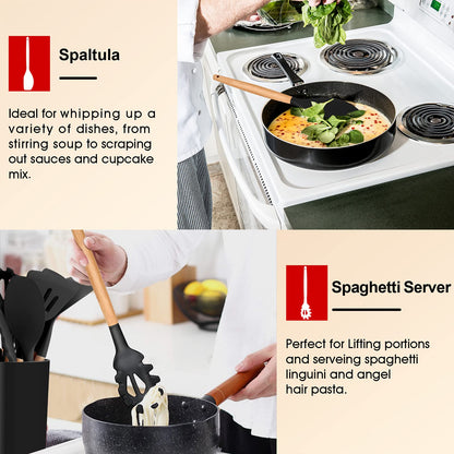 E-far Cooking Utensils Set of 6, Silicone Kitchen Utensils with Wooden Handle, Non-stick Cookware Friendly & Heat Resistant, Includes Spatula/Ladle/Slotted Turner/Serving Spoon/Spaghetti Server(Black)