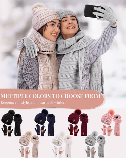Womens Winter Beanie Hat Scarf Gloves Set, Cute Pom Pom Beanie with Warm Fleece Lined Long Knit Neck Scarf Touchscreen Gloves, 3 Piece Set for Cold Weather(Black)