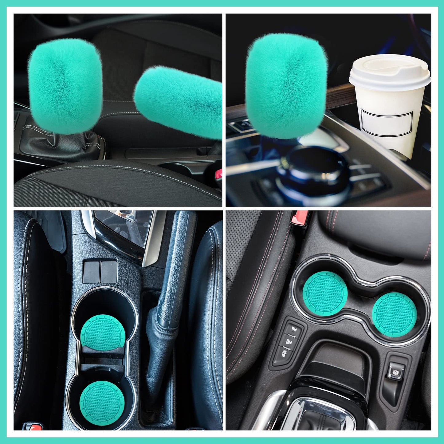 Frienda 6 Pieces Fluffy Car Accessories Set Bling Fluffy Steering Wheel Cover Soft Fuzz Handbrake Gear Shift Cover Bling Mirror Fuzz Car Pad Decoration(Mint Green)