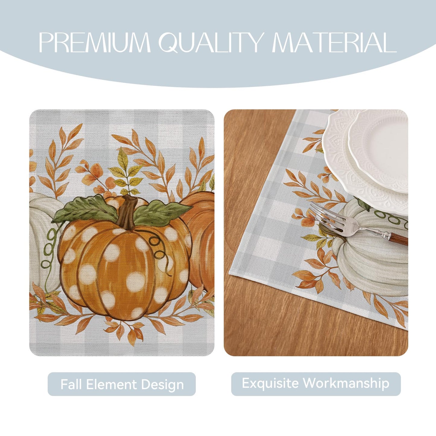 Romanstile Fall Placemats Set of 4-12 X 18 Inch - Thanksgiving Autumn Harvest Pumpkin Buffalo Plaid Place Mats, Stain Resistant Wipeable Table Mats for Party/Dining/Holiday- Grey Blue Checkered