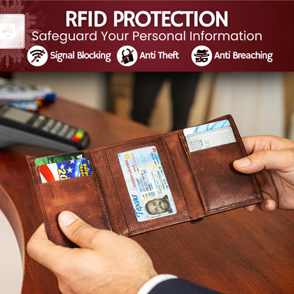 BULL GUARD Best Leather Men's RFID Trifold Wallet With ID Great Outdoor Wallet