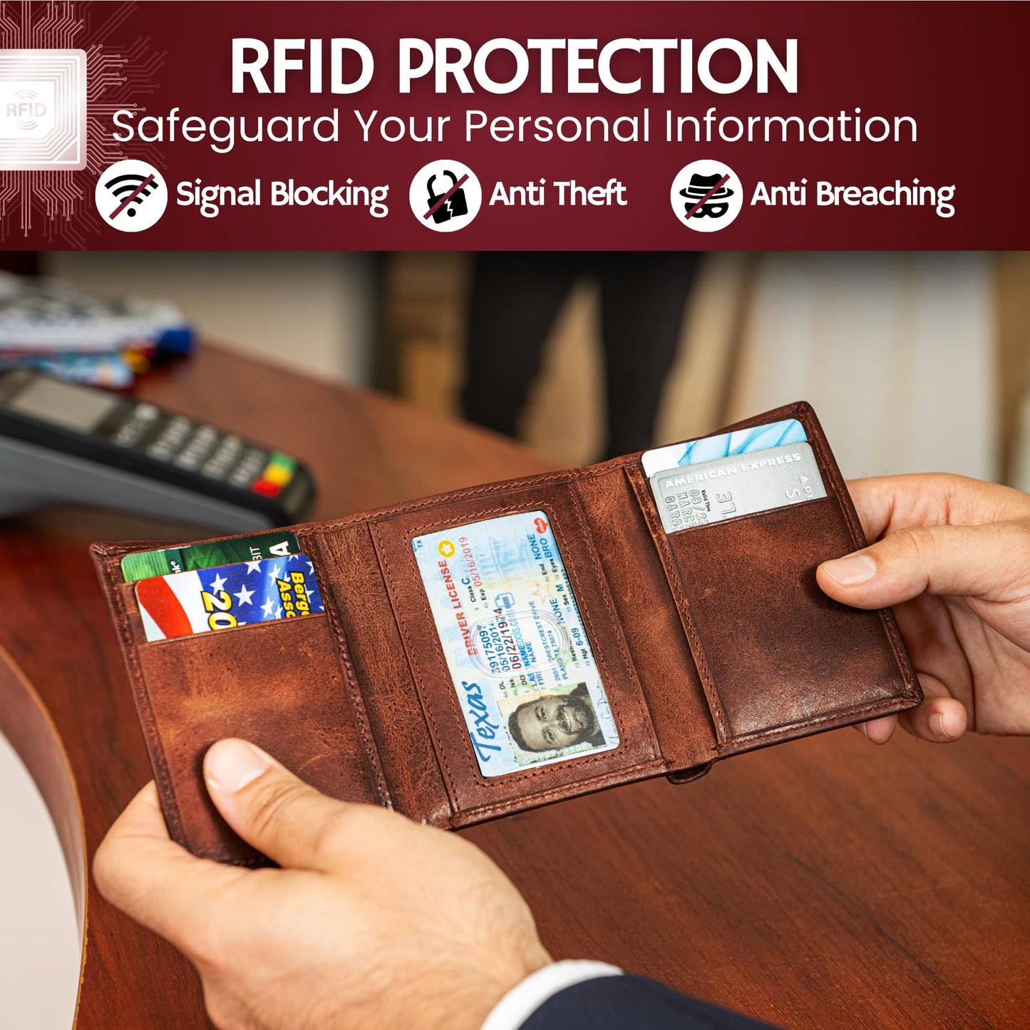 BULL GUARD Best Leather Men's RFID Trifold Wallet With ID Great Outdoor Wallet