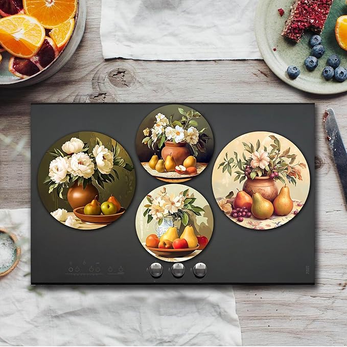 Vintage Fruits Electric Stove Burner Covers，4 Pack Round Stove Burner Covers，8 Inches and 10 Inches，Gas Stove Burner Covers,Metal Stove Burner Cover，Colorful Rustic Cooktop Decorative，Kitchen Decor