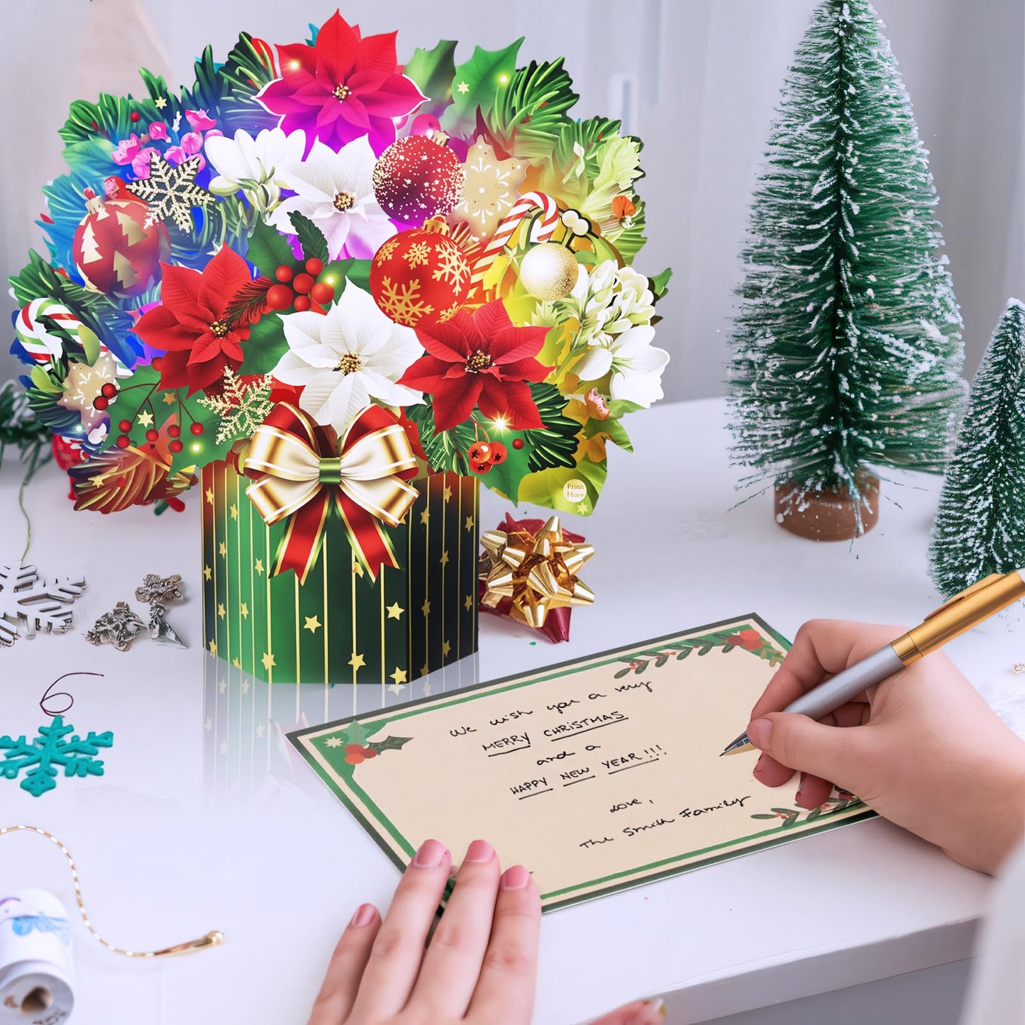 Yinqing Christmas Cards, Light and Music Merry Christmas Cards, 13 Inch Life Sized Forever Flower Bouquet 3D Pop Up Xmas Gift Card for Women Wife Mom Daughter Sister