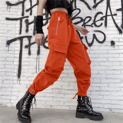 MEINVQIAOTI Halloween Orang Cargo Pants Women Loose Chained Gothic Pants Multi-Pocket Multi-Zip Punk Goth Pants (Orange,2XL)