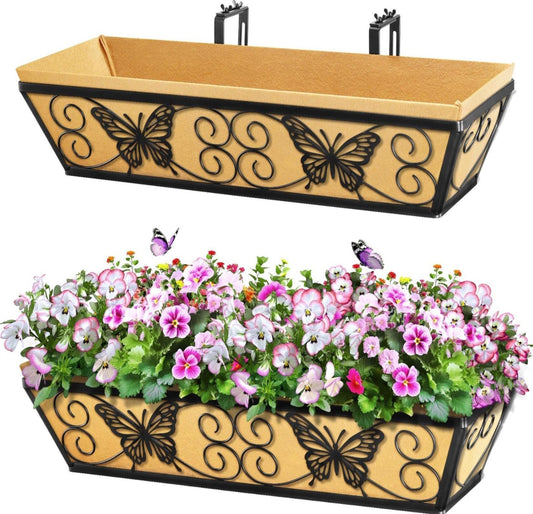 Karlliu 2 Pack 24 Inch Window Boxes Planters Railing Planter Box with Adjustable Brackets for Porch Fence Patio Balcony Hanging Flower Baskets with Woven Fabric for Outdoor Garden Decor - Black
