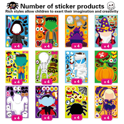 48 PCS Halloween Make-a-face Stickers Halloween Characters Stickers for Kids Make Your Own Mix and Match Sticker DIY Crafts Decorating Toy Sticker Trick or Treat Party Game Activities