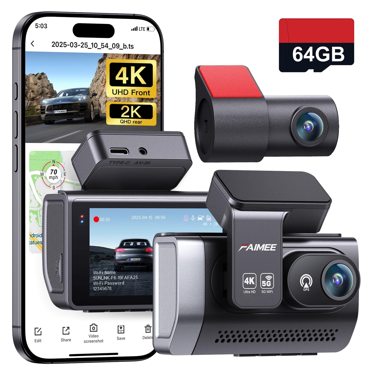 FAIMEE 4K Dash Cam Front and Rear with GPS, Upgraded 5.8G WiFi, Dual Dash Camera for Cars, Night Vision, WDR, 160°Wide Angle, 24H Parking Monitor, Emergency Lock, 3" IPS Screen (64GB Card Included)