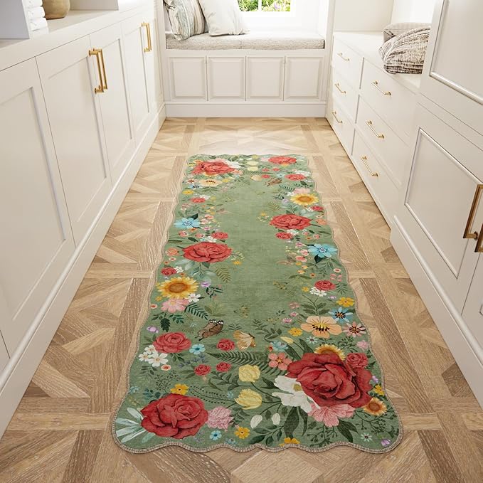 Kitchen Rug Runners for Hallways: 2x6 Washable Runner Rugs for Kitchen Ultra Thin Stain Resistant Non Slip Low Pile Lightweight Vintage Floral Carpet for Laundry Room, Bedside Decor (Green)