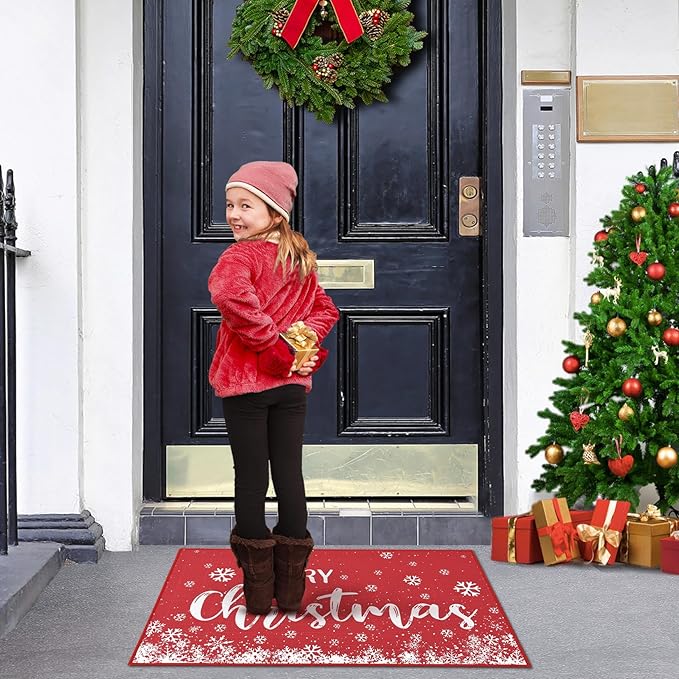 CAROMIO Christmas Doormat 20 x 32 Inch Xmas Holiday Decorative Christmas Snowflake Welcome Mat for Home Decoration Non Slip Door Mat Outdoor Indoor Entrance Floor Mat, Red