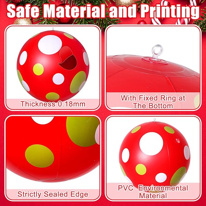 12 Pcs 24/16 Inch Giant PVC Christmas Inflatable Ball Outdoor Blow up Xmas Inflatables Ornaments Giant PVC Christmas Ornaments for Tree Yards Lawns Porch Garden Front Doors Holiday Decor(16 Inch)