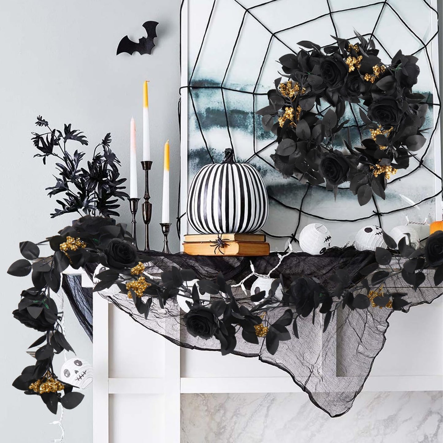 RECUTMS 5.9Ft Black Artificial Roses Flower Garland Fake Halloween Hanging Silk Floral Vines Fall Leaf Wreath for Gothic Halloween Decor Autumn Party Table Centerpiece Home Decor
